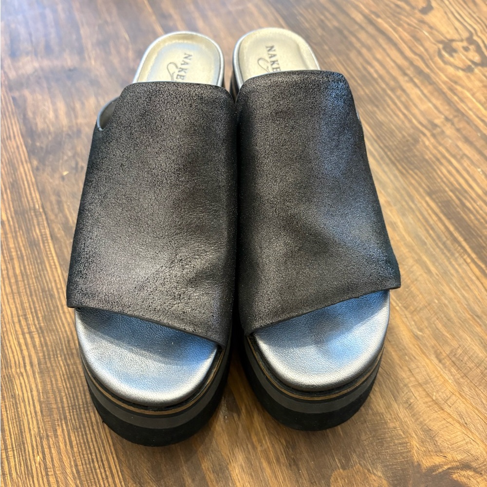 Naked Feet Black Metallic Leather Platform Mules